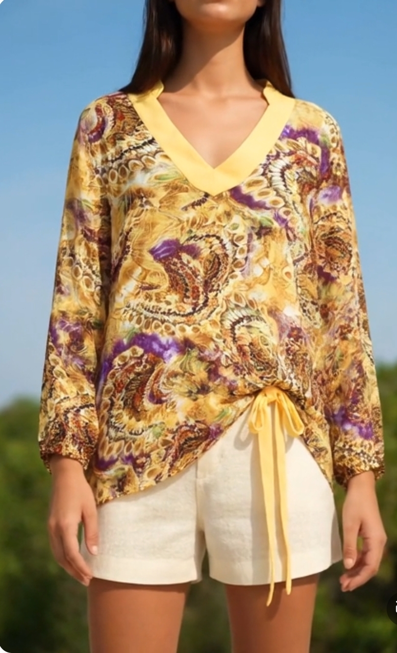 Women's Yellow Multicolor Paisley Tunic Blouse 3X Semi Sheer Relaxed Fit 31" EXC